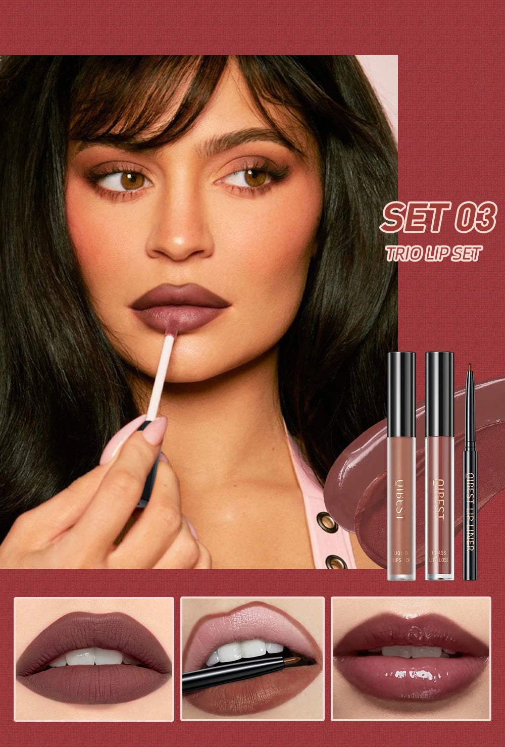 3pcs Lip Makeup Sets Lip Gloss Glaze Tint Long-lasting Matte Liquid Lipstick Waterproof Sweatproof Lip Liner Pencil Contour Kits