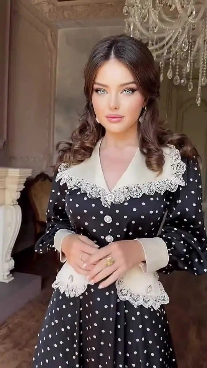 Fashion Print Office Women Dresses 2024 Elegant Doll Collar Long Sleeve Midi Dress Casual Single Breasting Female Dress