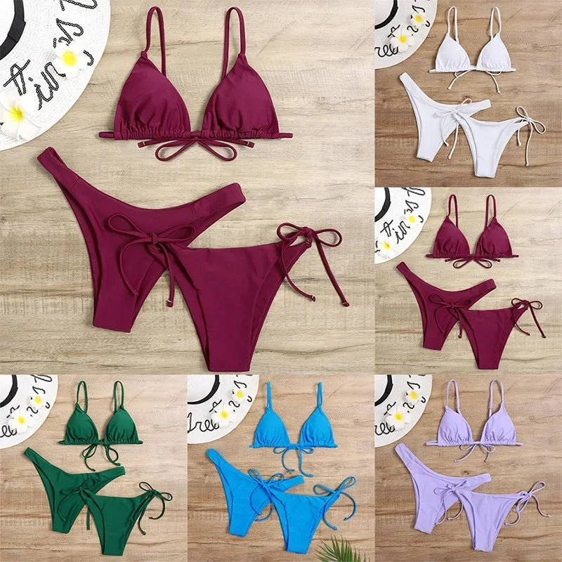 Women's Sexy 3-Piece Bikini Set - Push Up Bandage Triangle Swimsuit in Blue & Purple, Brazilian Beachwear