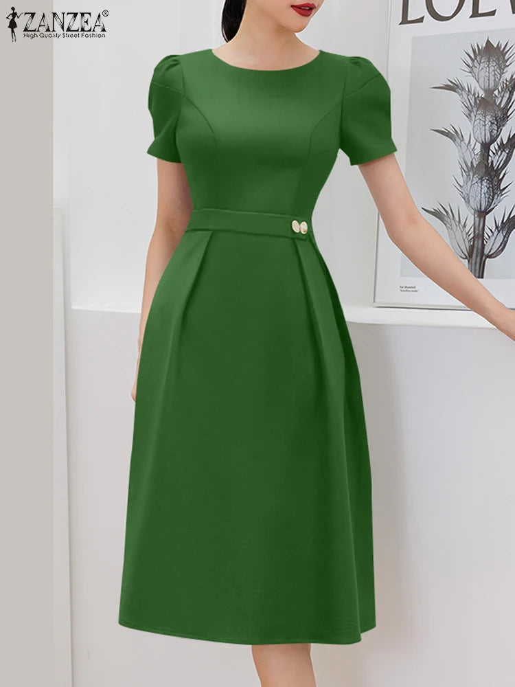 ZANZEA Office Women Dresses 2025 Fashion Summer Dress Elegant O Neck Short Sleeve Work Midi Vestido Stylish Solid Party Sundress