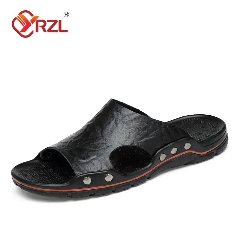 YRZL Mens Sandals PU Leather Classic Summer Men Slippers Soft Black Slippers Big Size Slippers Lightweight EVA Slides for Men