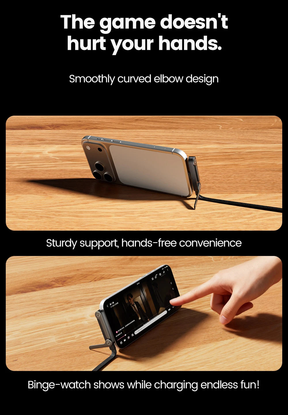 65W USB Fast Charging Cable With Foldable Phone Holder 2-in-1 Type-C Quick Charge Data Wire USB C Charging Line For Mobile Phone