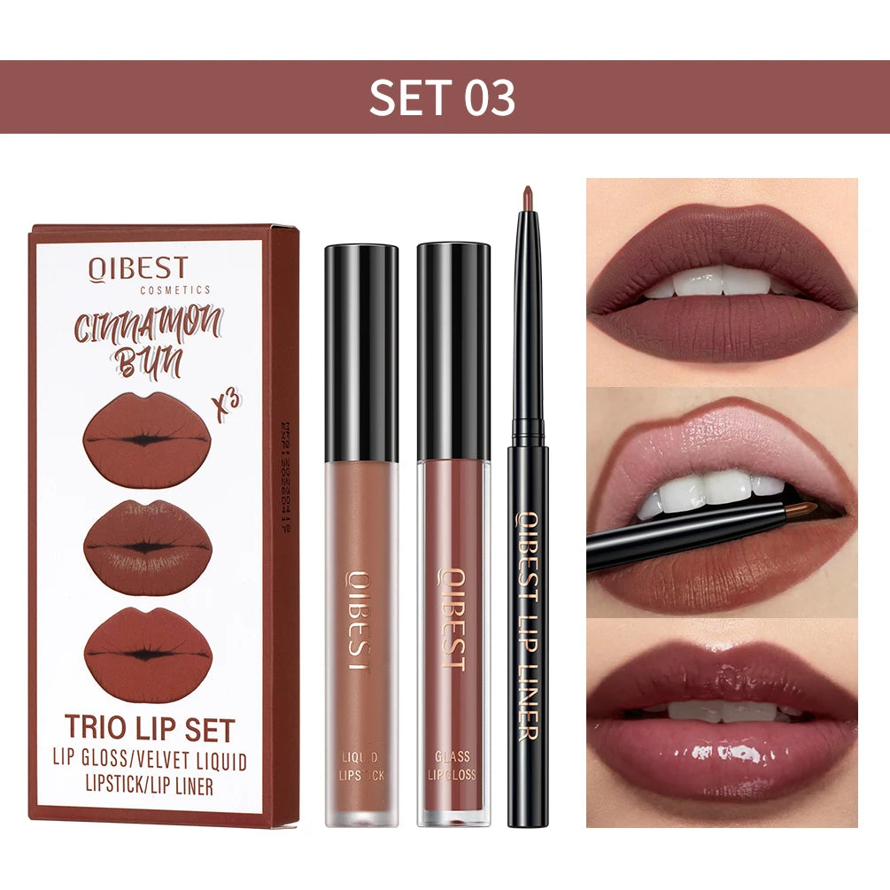 3pcs Lip Makeup Sets Lip Gloss Glaze Tint Long-lasting Matte Liquid Lipstick Waterproof Sweatproof Lip Liner Pencil Contour Kits