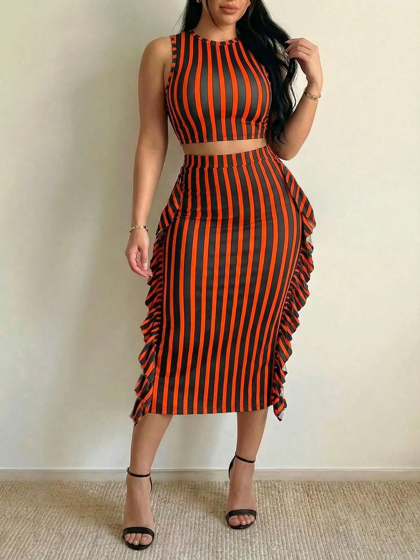 Women's Striped 2 Piece Outfit Casual Sleeveless Top Ruffle Asymmetrical Skirt Set for Daily Vacation Office Wear