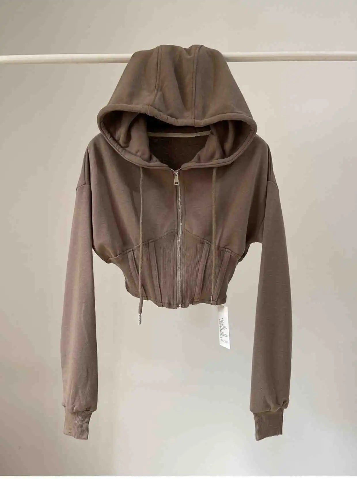 Hooded hoodie women's ultra short waist cinched open top jacket with exposed navel