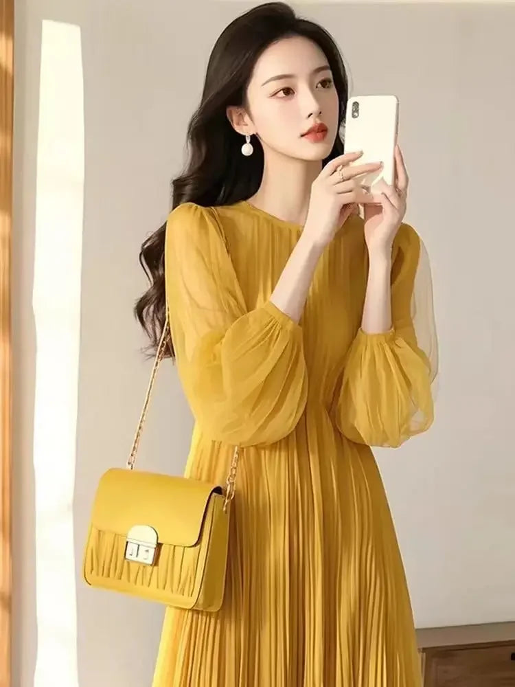 French Dress for Women with Exquisite High-end Feel Loose Slim Blue Chiffon Round Neck Long-sleeved Skirt