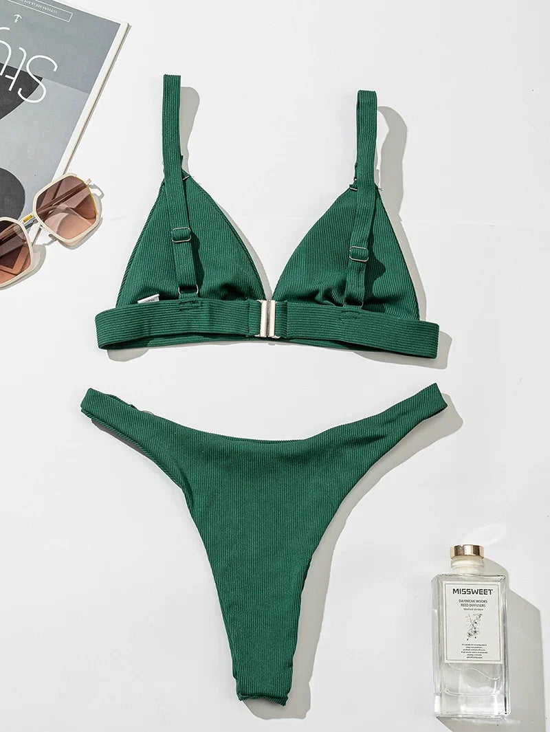 2024 new Sexy High Leg Cut Ribbed Female Swimsuit Halter Brazilian Bikini Women Swimwear Push Up Bikini Set Ring Bathing Suit