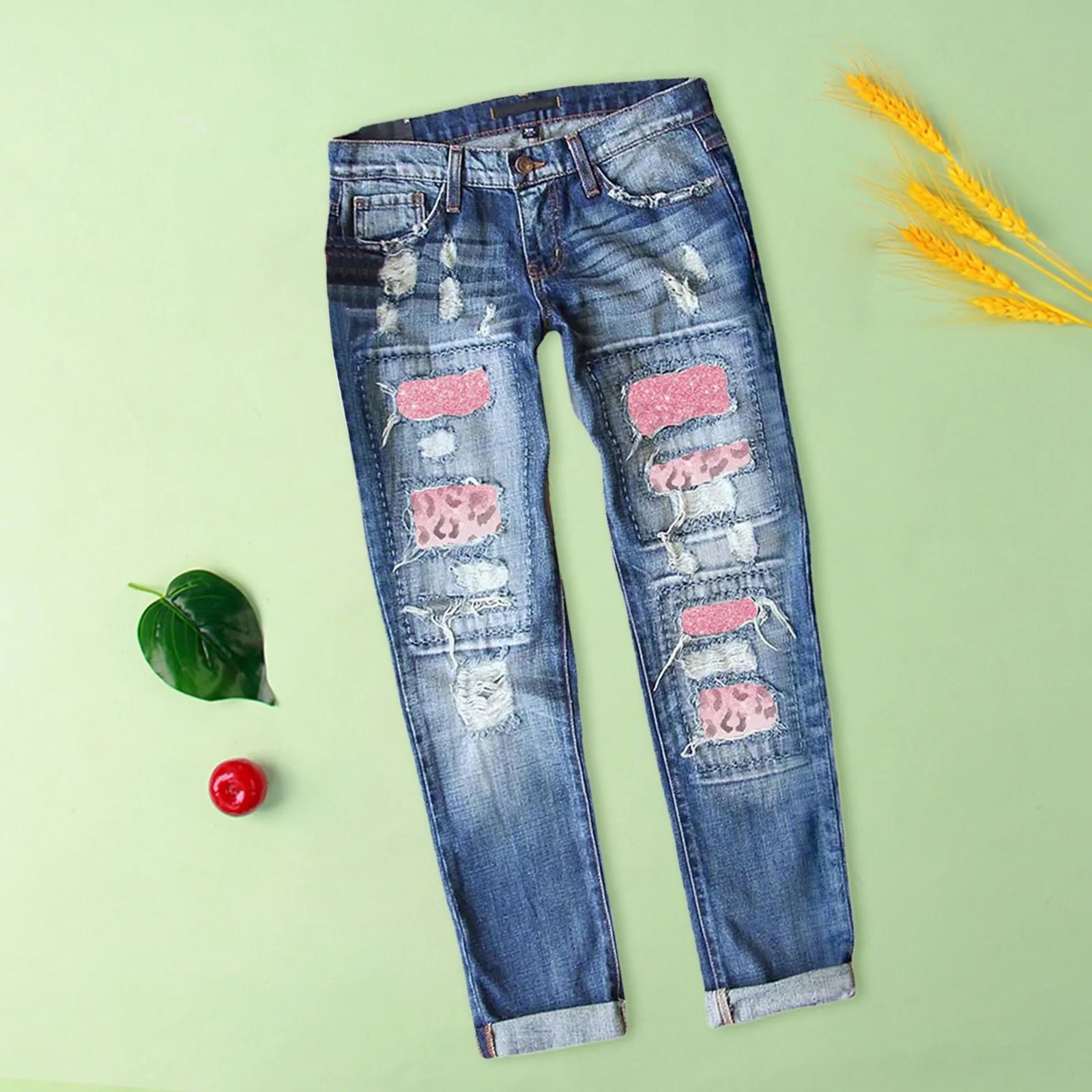 Womens Slim Denim Pants Ripped Jeans Casual Loose Trousers Heart Print Ripped Y2k Slim Fit Distressed Stretch Jeans Pantalones