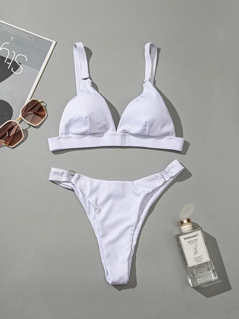 2024 new Sexy High Leg Cut Ribbed Female Swimsuit Halter Brazilian Bikini Women Swimwear Push Up Bikini Set Ring Bathing Suit