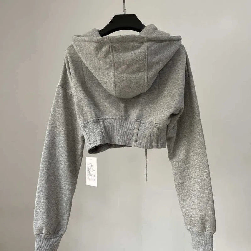 Hooded hoodie women's ultra short waist cinched open top jacket with exposed navel