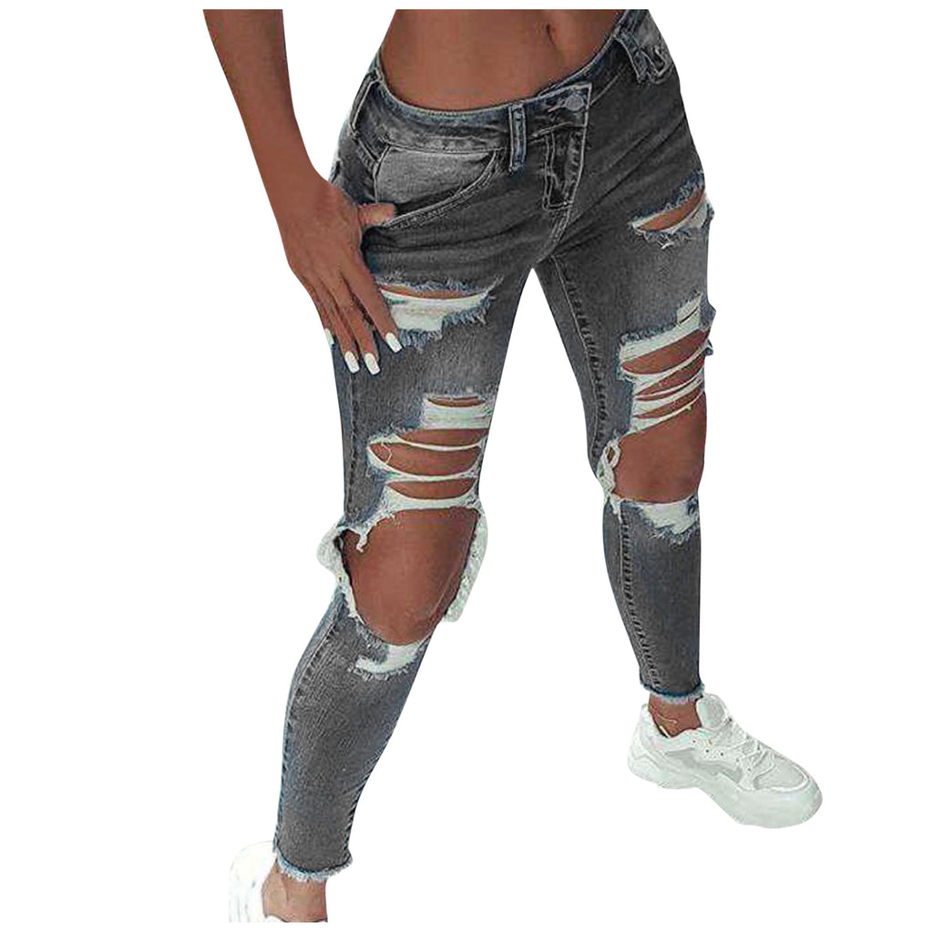 2023 New Women Fashion Mid Waist Boyfriend Big Ripped Hole Jeans Casual High Street Denim Pants Sexy Vintage Pencil Jeans