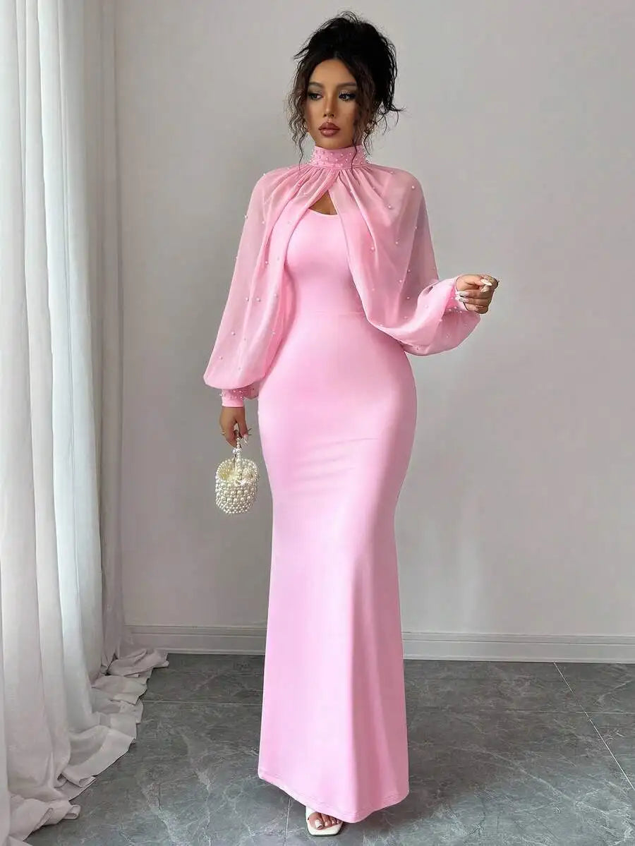 Elegant Pink Mermaid Gown with Beaded Sheer Capelet, Bodycon Slip Dress Set