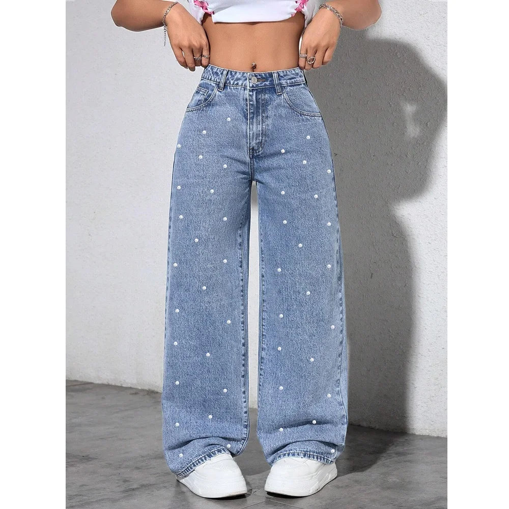 Women High Waist Denim Jeans Ladies Fashion Beading Straight Pants