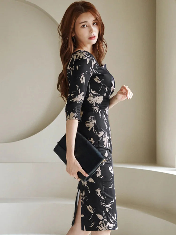 Elegant Office Lady Dress Spring Fashion Floral Square Collar With Seven-Point Sleeve High Waist Sheath Party Dress Women