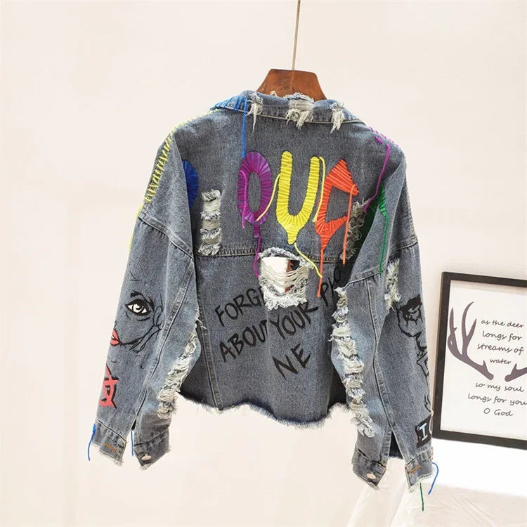 2026 Spring Autumn Women Street Fashion Graffiti Denim Jacket Female Short Frayed Raw Cut Rivet Jacket Fringe Jean Coat Outwear