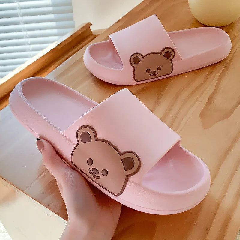 Summer Men Slippers Indoor Women Bathroom Soft Sole Non-slip Slides Home Cartoon Bear Flip Flops Beach Sandals Ladies Shoes