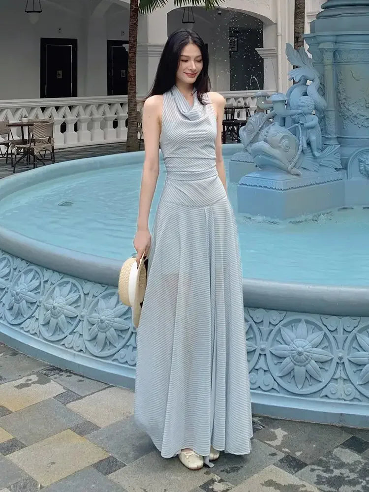 French Holiday Style Blue-green Striped Chiffon Waist-cinching Long Halter Neck Dress for Women, New Summer 2026