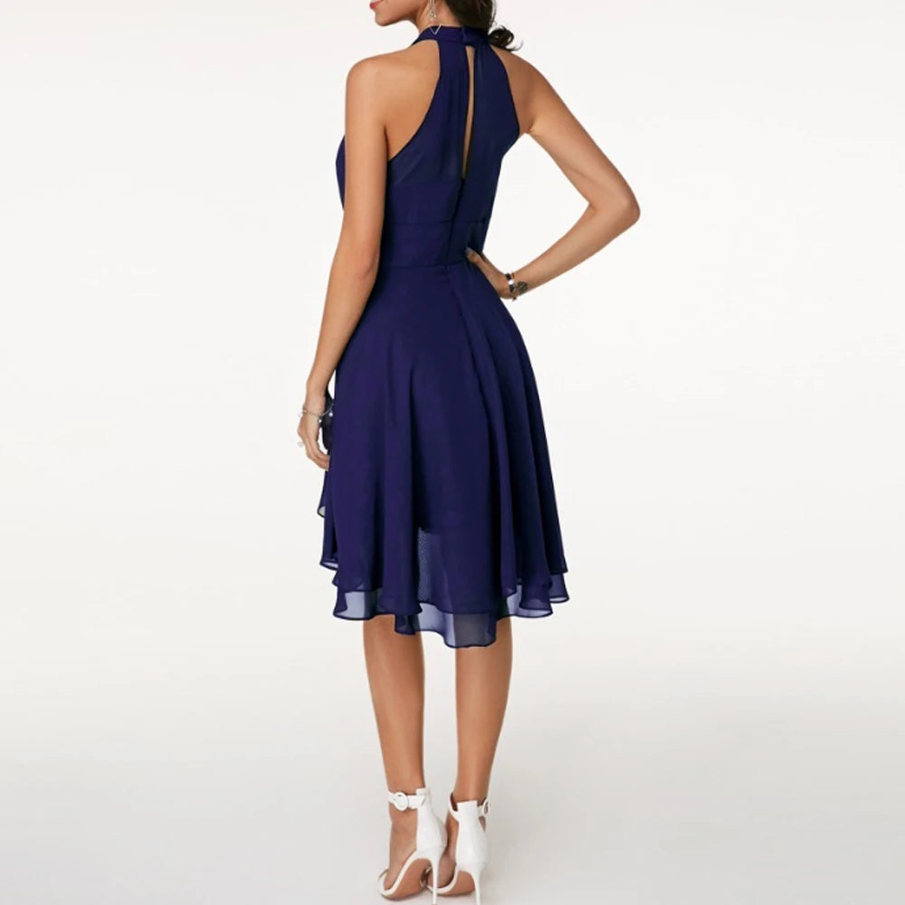 Women Elegant Dress Summer Solid High Waist Halter Sleeveless Midi Dresses Ladies Cropped Layered Chiffon Party Slim Dresses
