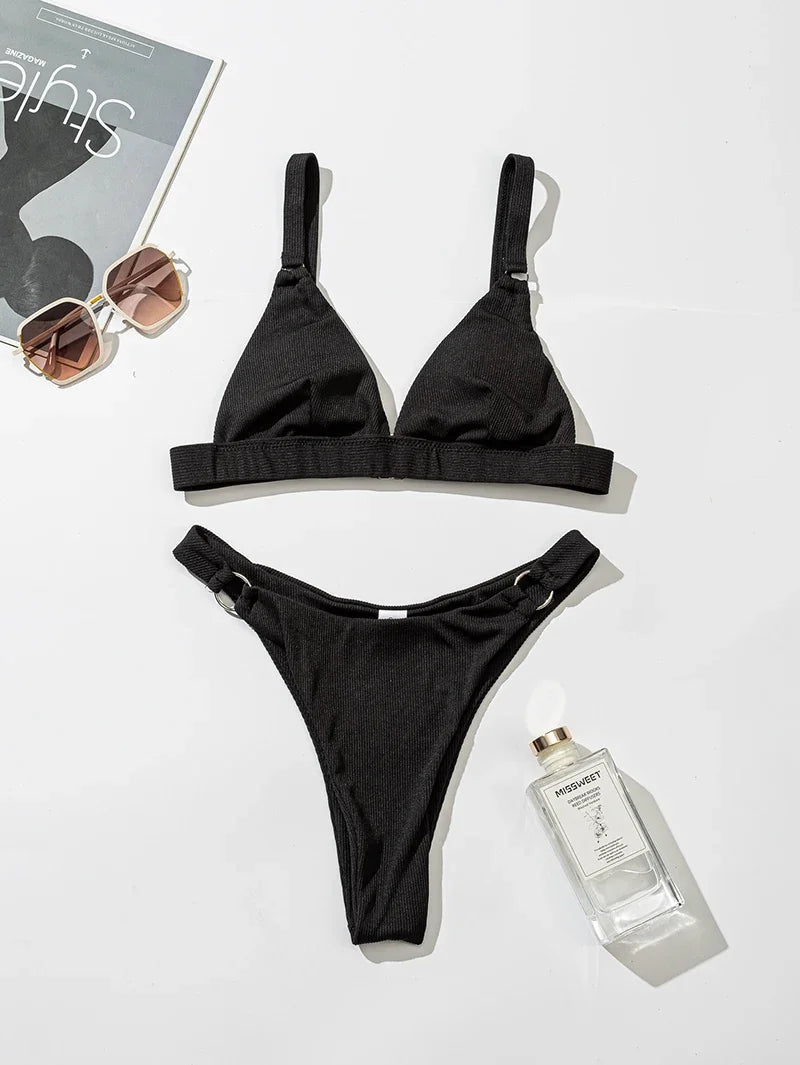 2024 new Sexy High Leg Cut Ribbed Female Swimsuit Halter Brazilian Bikini Women Swimwear Push Up Bikini Set Ring Bathing Suit