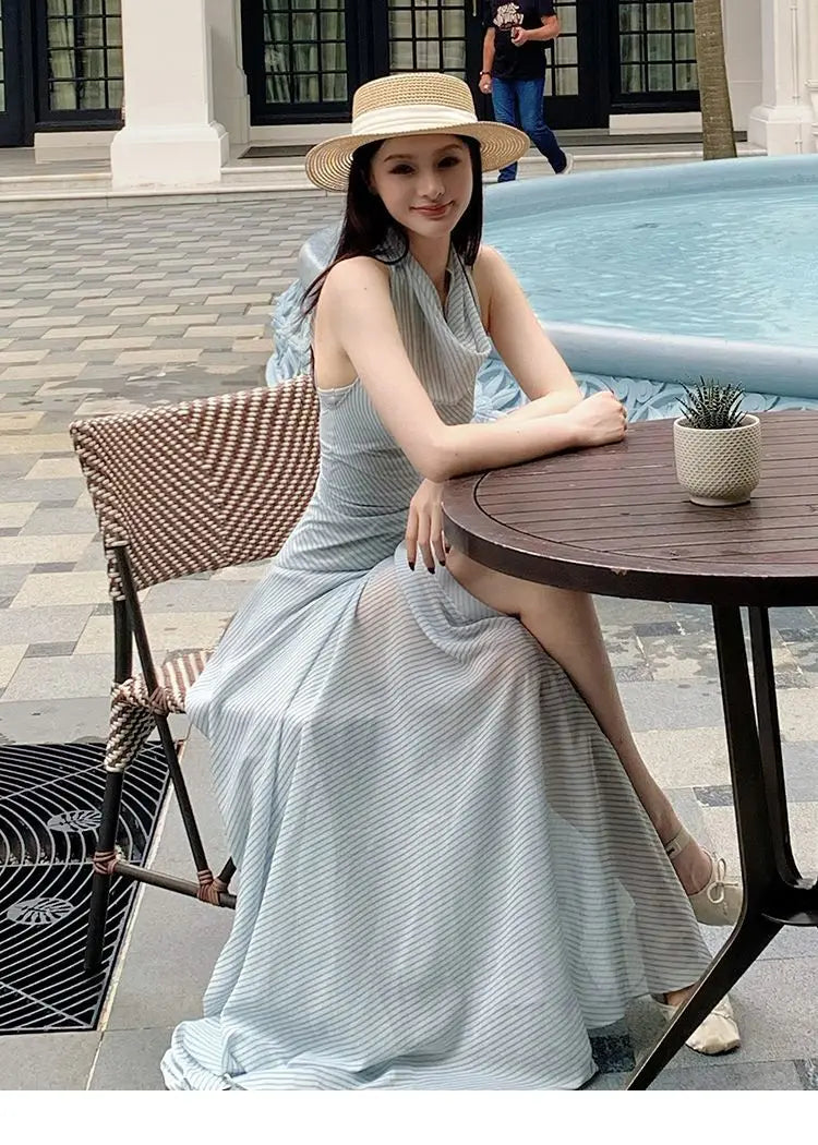 French Holiday Style Blue-green Striped Chiffon Waist-cinching Long Halter Neck Dress for Women, New Summer 2026