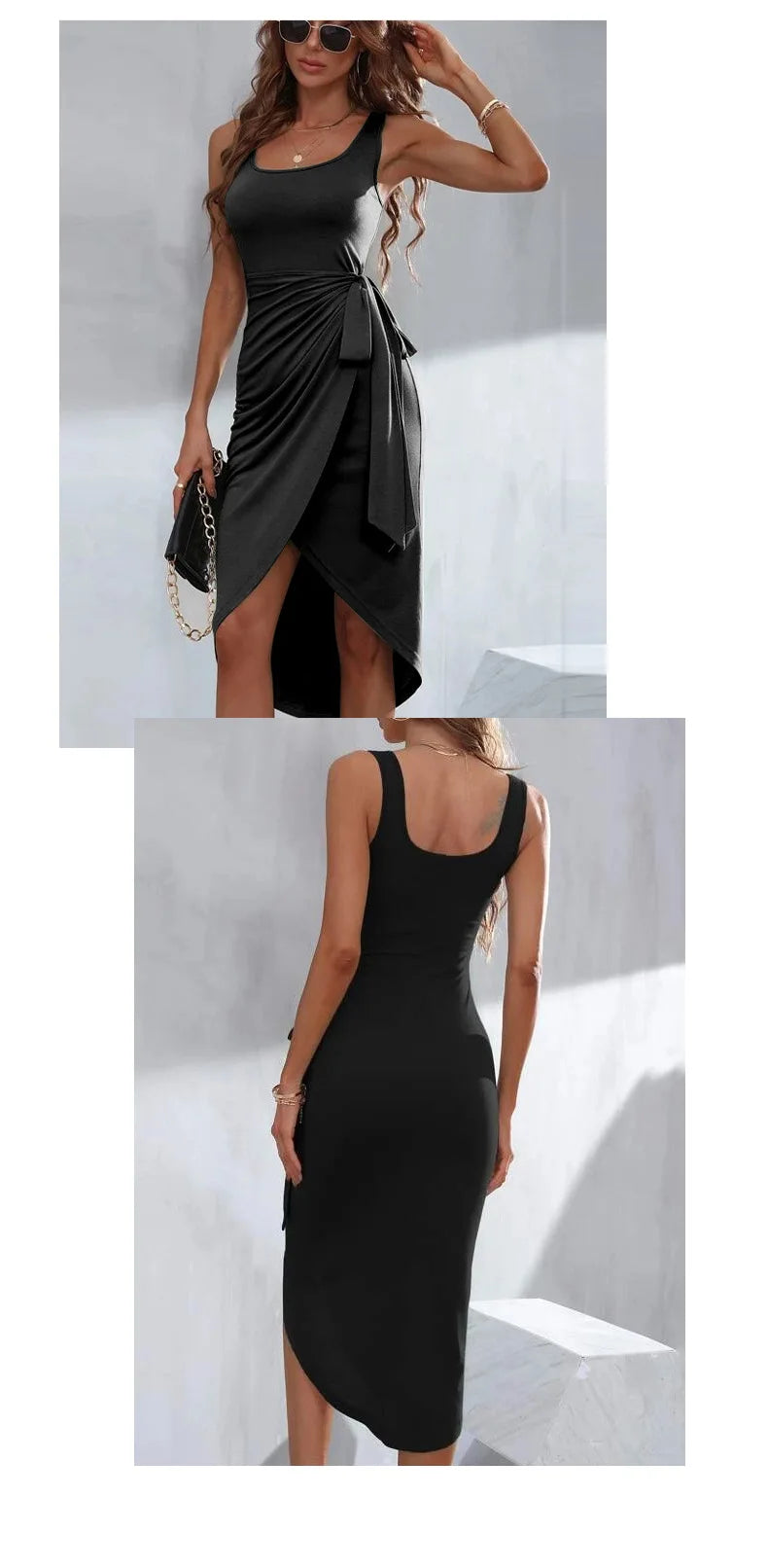 Elegant Office Lady Sundress for Women Black Lace Up Dress Spring Summer Irregular Strap Vest Dress Split Square Collar Outfit