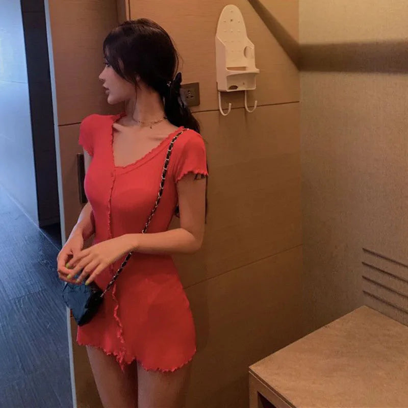 French Sexy Skinny Dress for Woman 2023 Summer V-Neck Button Design Blue Short Sleeve Dresses Women Sweet Holiday Bag Hip Dress