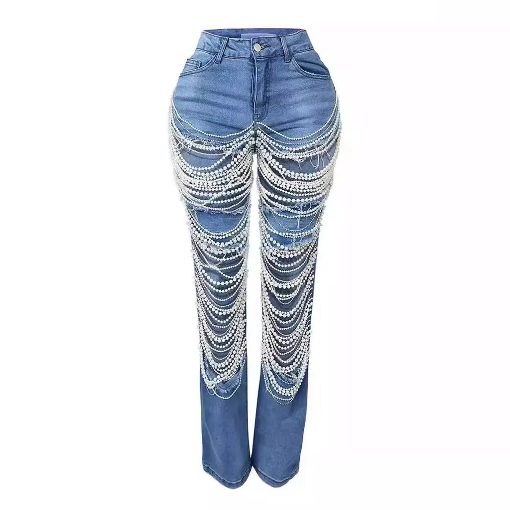 Women Fashion Pearl Beading Ripped Hollow Out Tassel Wide Leg Jeans 2026 New Summer INS Street Denim Pants Trousers
