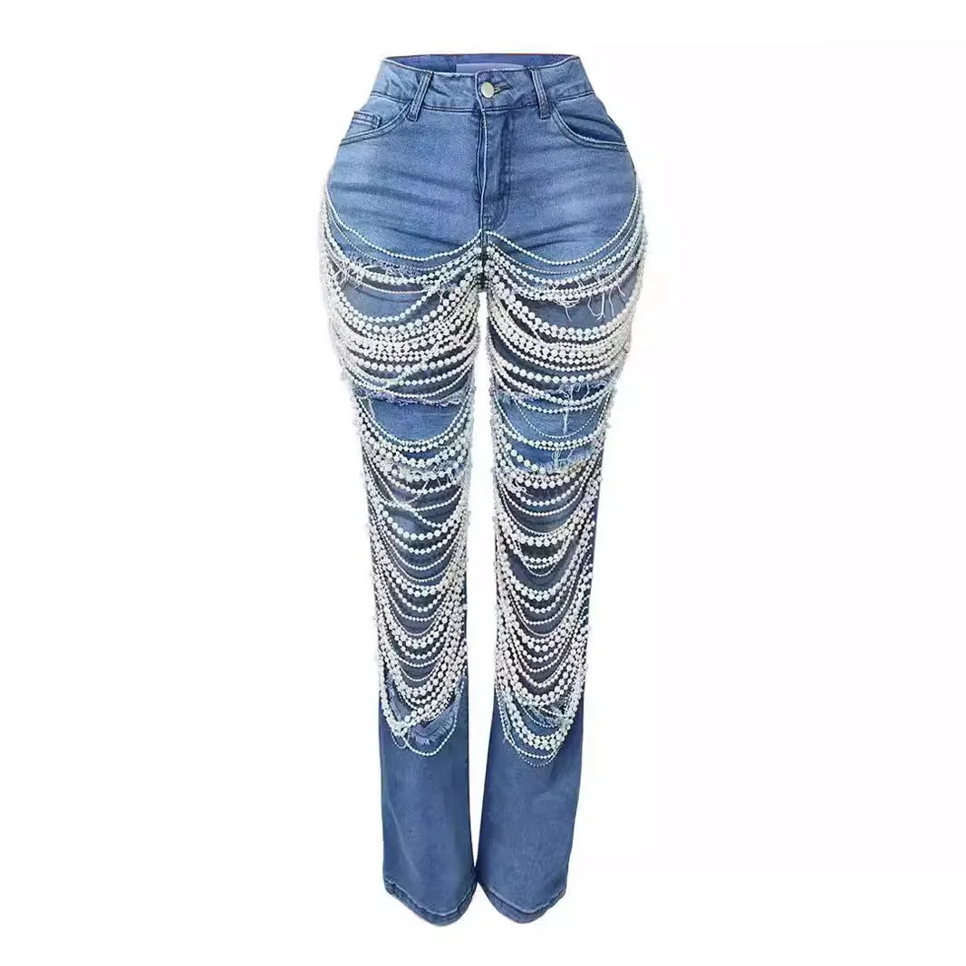 Women Fashion Pearl Beading Ripped Hollow Out Tassel Wide Leg Jeans 2026 New Summer INS Street Denim Pants Trousers