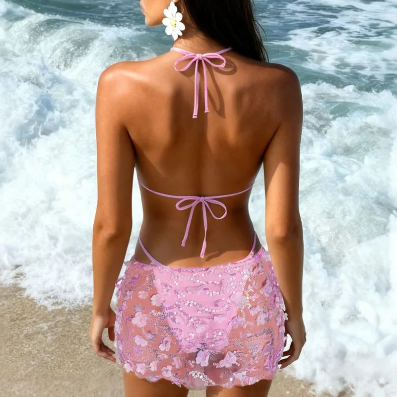 New Model Sequined Lace Up Skirt Three-piece Bikini Swimsuit For Women Summer Pink Strap Sexy Backless Beach Vacation Swimsuit