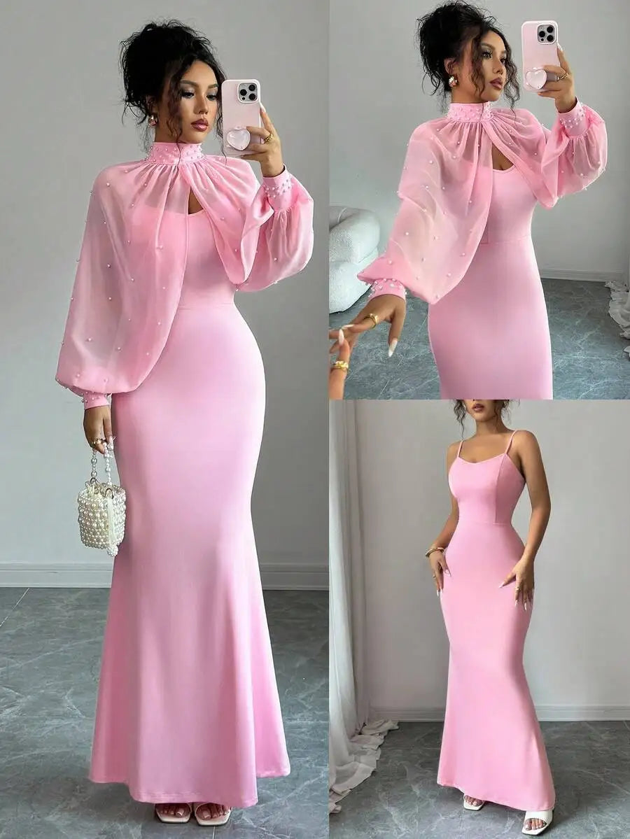 Elegant Pink Mermaid Gown with Beaded Sheer Capelet, Bodycon Slip Dress Set
