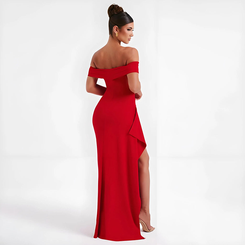 Elegant Evening Dress, Solid Color, Off-Shoulder, Women's Sexy High-Waisted Side-Slit Long Dress, Formal Maxi Ladies' Party Evening Dress