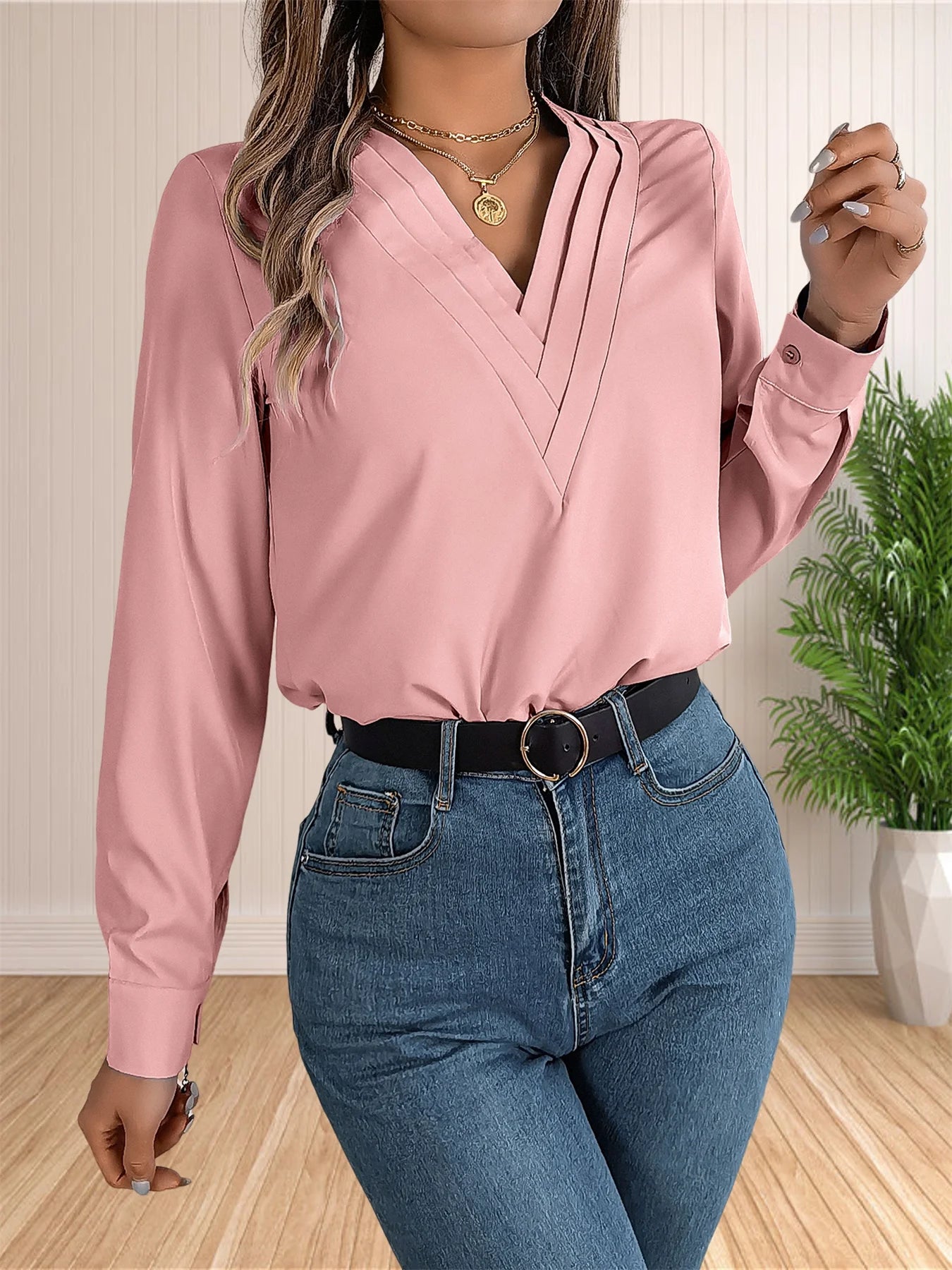 Women's Elegant Business Office Blouse Layered V Neck Long Sleeve 2024 Dressy Shirts Work Tops