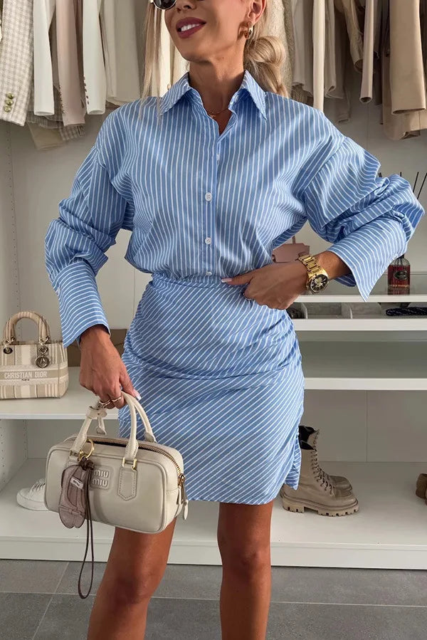 Elegant Stripe Office Dresses Women Lapel Long Sleeve Single Breasted Split Dress 2025 Spring Summer High Street Lady Vestidos