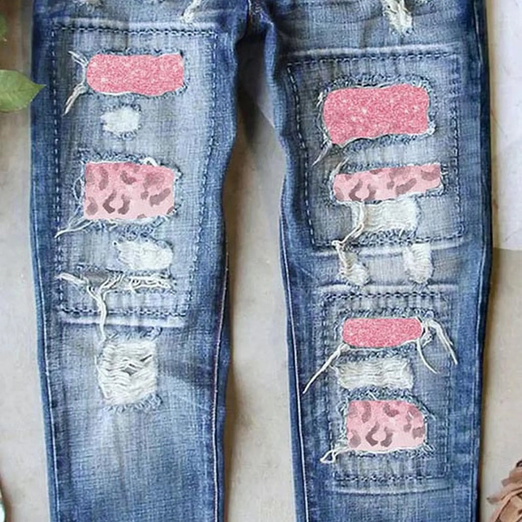 Womens Slim Denim Pants Ripped Jeans Casual Loose Trousers Heart Print Ripped Y2k Slim Fit Distressed Stretch Jeans Pantalones