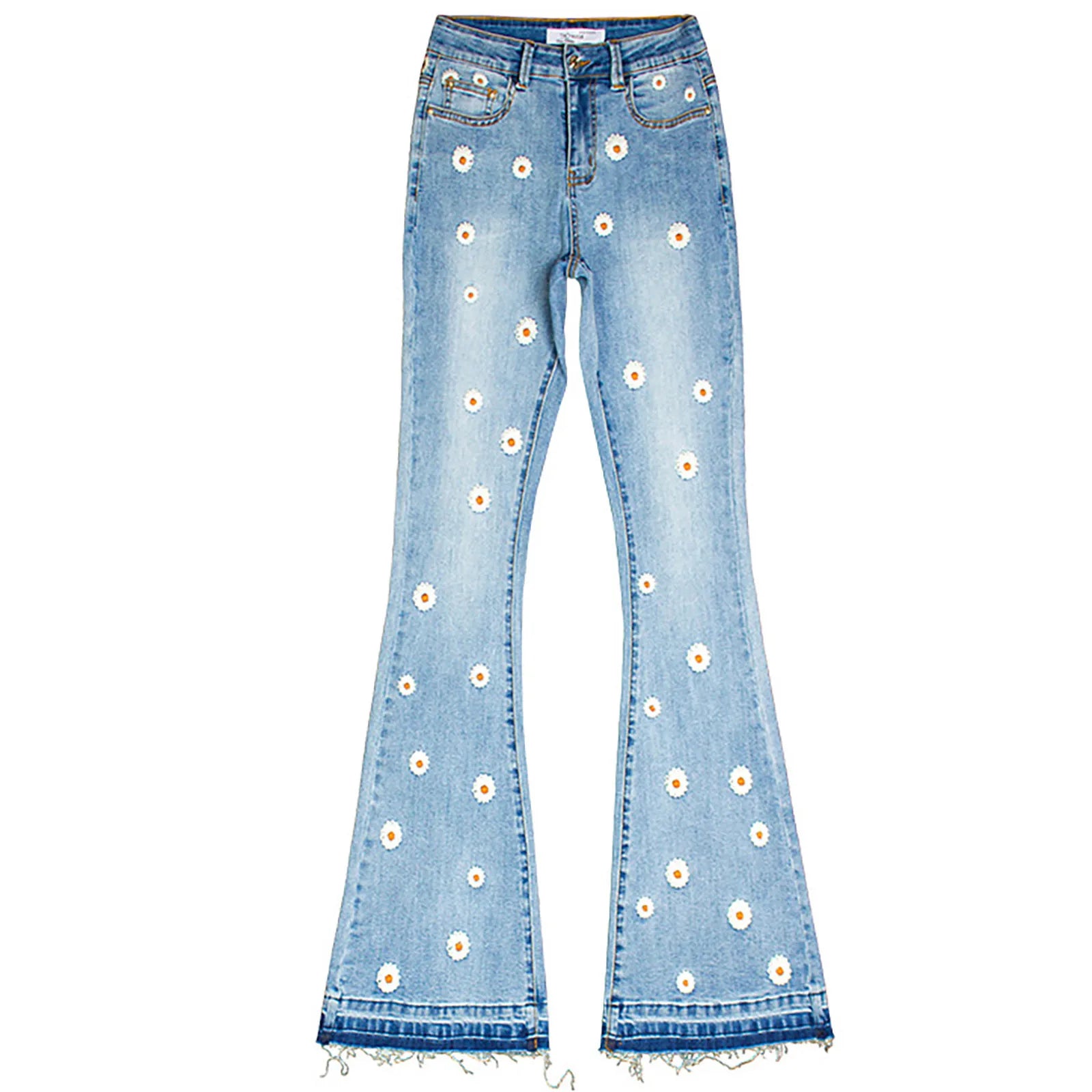 Ladies Daisy Embroidered Denim Pants Women's New Chic Long Fashion Personality Classic Versatile Flared Jean Trousers for Women