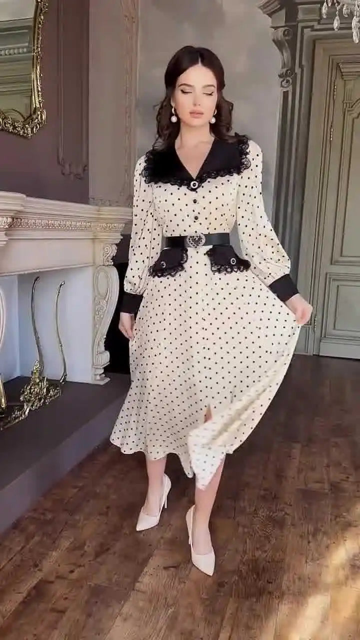 Fashion Print Office Women Dresses 2024 Elegant Doll Collar Long Sleeve Midi Dress Casual Single Breasting Female Dress