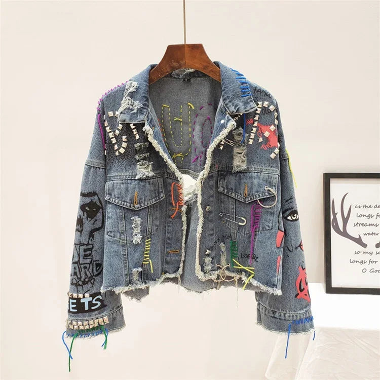 2026 Spring Autumn Women Street Fashion Graffiti Denim Jacket Female Short Frayed Raw Cut Rivet Jacket Fringe Jean Coat Outwear