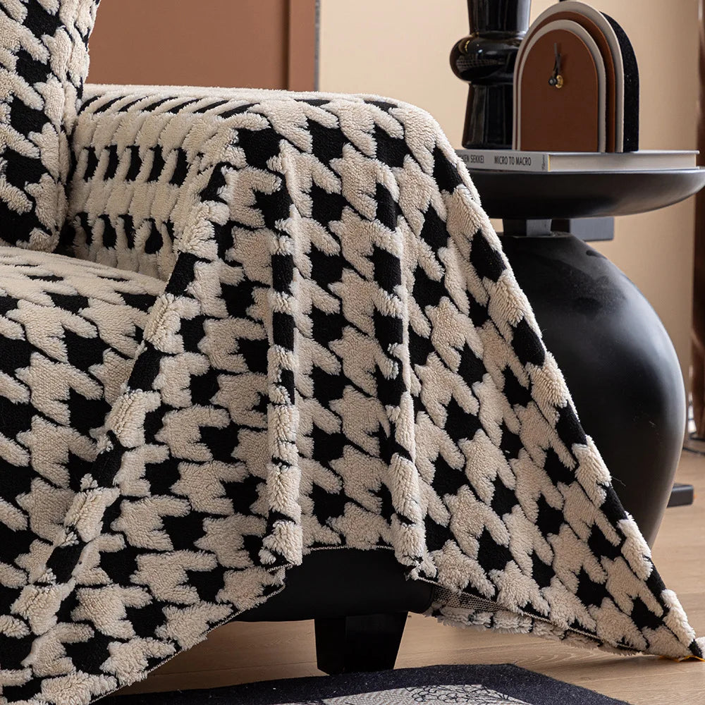 Houndstooth Soft Plush Throws Blankets for Sofa Bohemian Style Jacquard Sofa Cushion Cover Oversized Furniture Protector Blanket