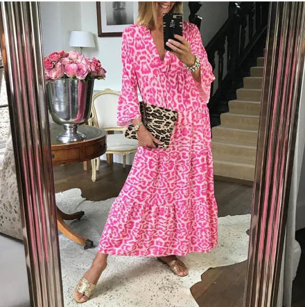 Ladies' Maxi Swing Dress with Leopard Print V-Neck