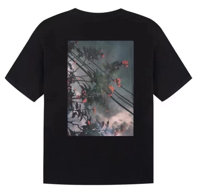 Double Line Floral Print Couple Graphic T-Shirts