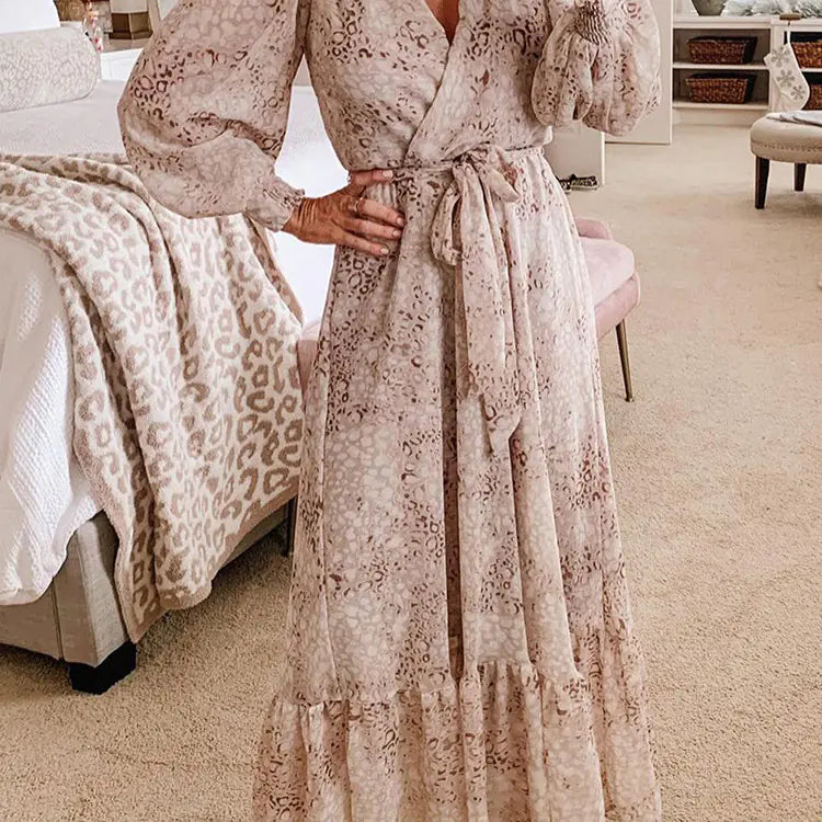 Leopard Print Long Sleeve V Neck Dress