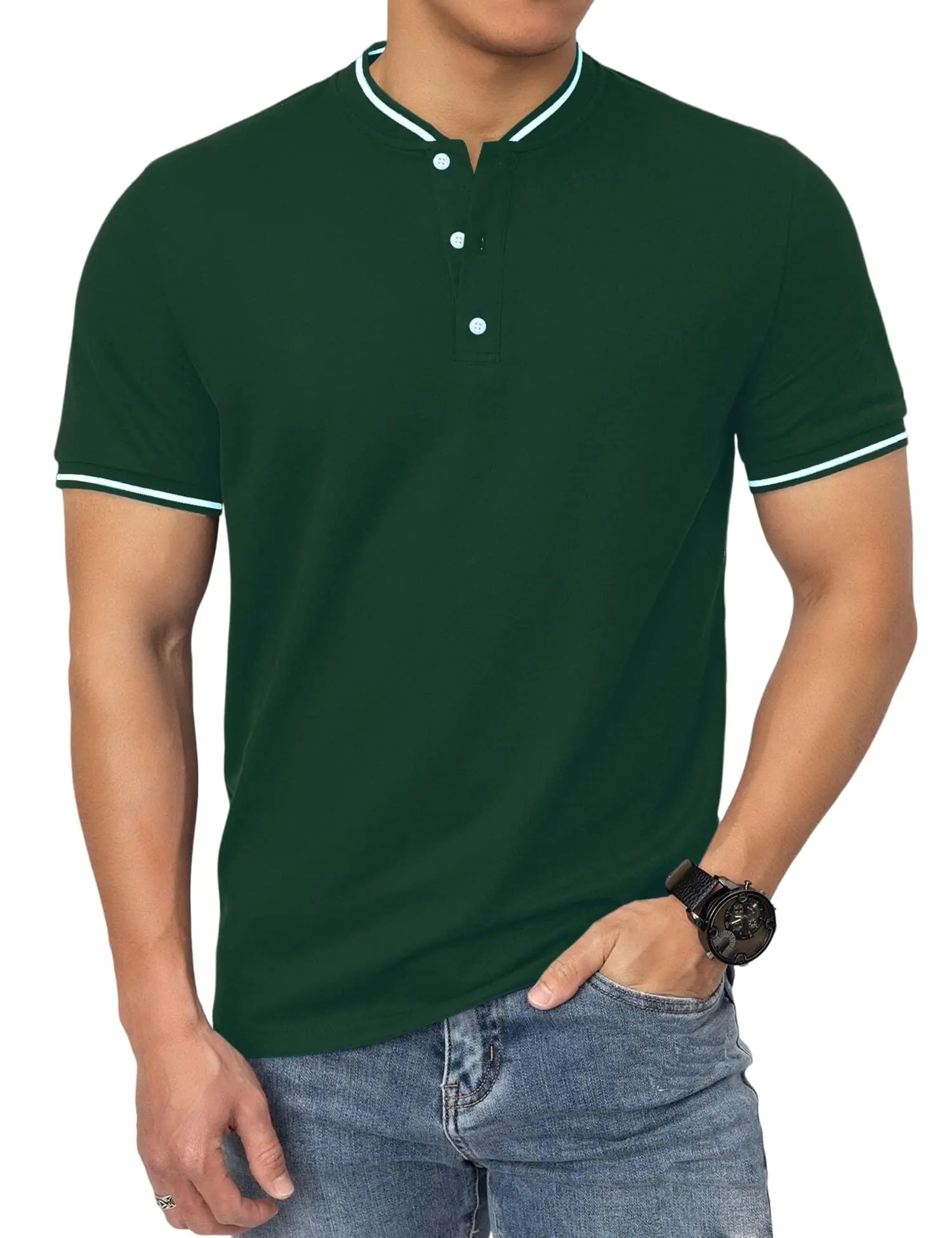 mens golf shirt mens golf polo Mens Collarless Golf Polo Shirts Army green polo shirts dress polo shirts club polo shirt holiday vacation polo shirts for men mens polos mock colar Golfing shirt