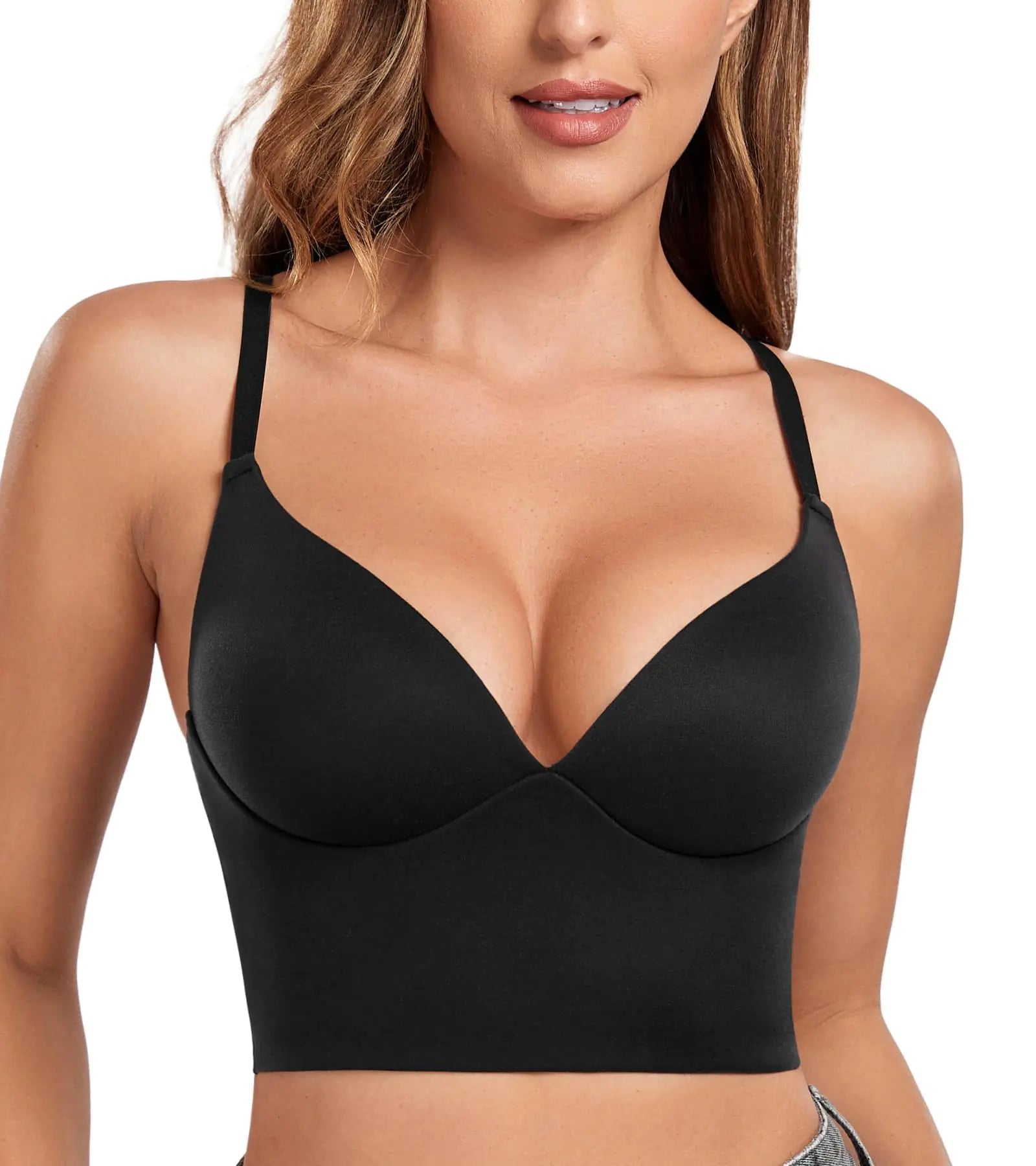 Lemorosy Womens Push Up Deep Plunge V Neck Lightly Padded Bra Wireless Everyday Crop Top (36BBlack)
