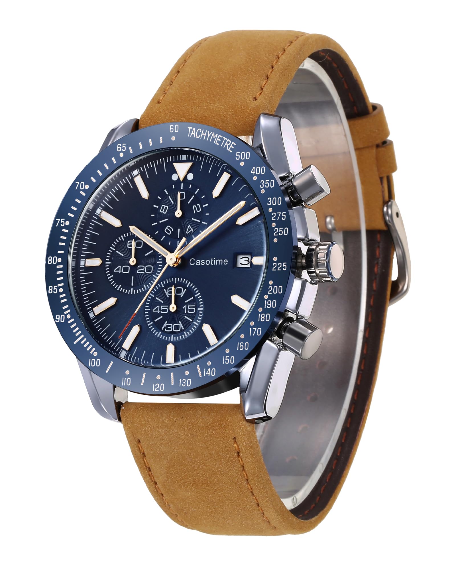 Casotime Mens Leather Watches Chronograph Analog Quartz Date Wrist Watch 30M Waterproof Big Face Casual Fashion Sport Dress Watches for Men Elegant Gift