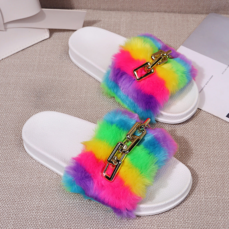 Rainbow Plush Slippers for Women - Fashionable Design