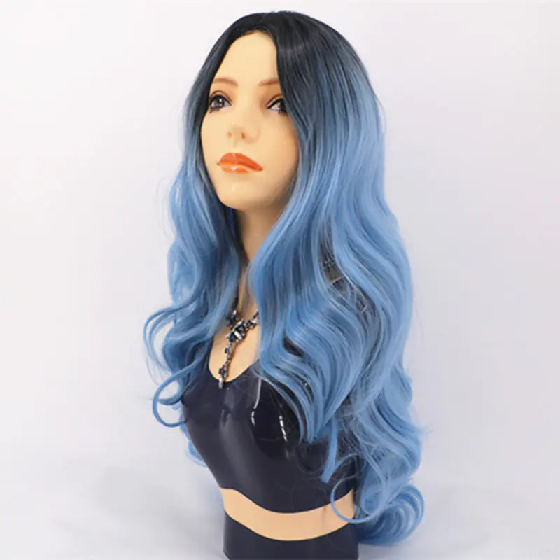 Ladies Long Curly Hair in Black and Blue Gradient
