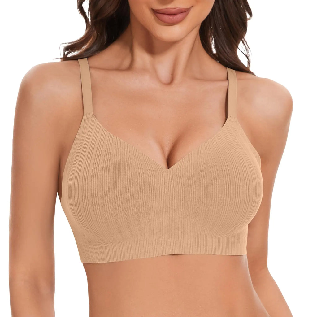 LEYSHE Seamless Bra with Support Smoothing Wireless Bra for Women No Underwire Full Coverage Push Up BraNudeSmall