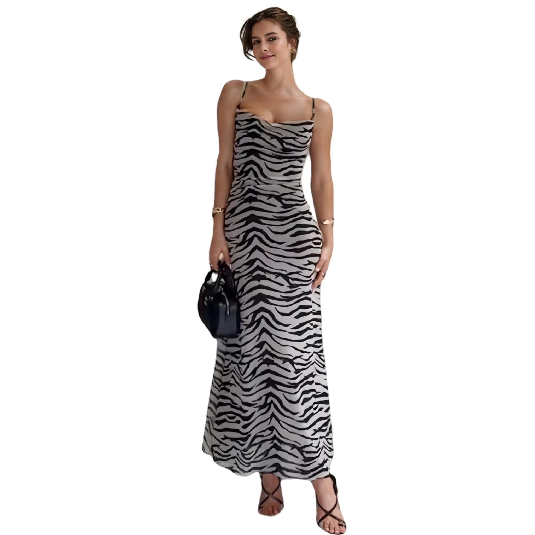 Womens Sexy Sleeveless Tulle Zebra Print Maxi Dress Elegant Spaghetti Strap Backless Dress Beach Party Long Dress