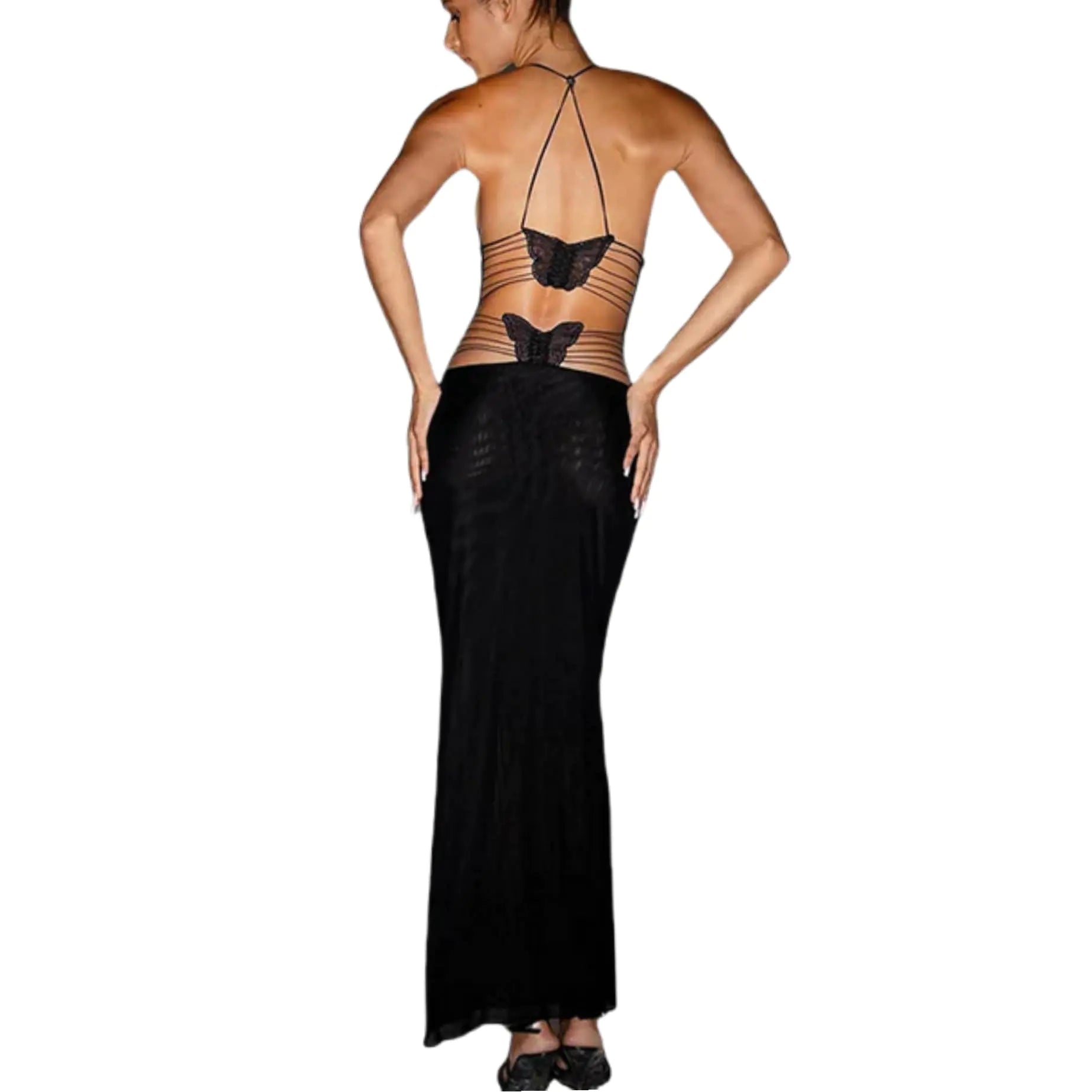 Womens Sexy V Neck Sleeveless Maxi Dress Butterfly Applique Backless Bodycon Long Dress Bandage String Cocktail Party Dress
