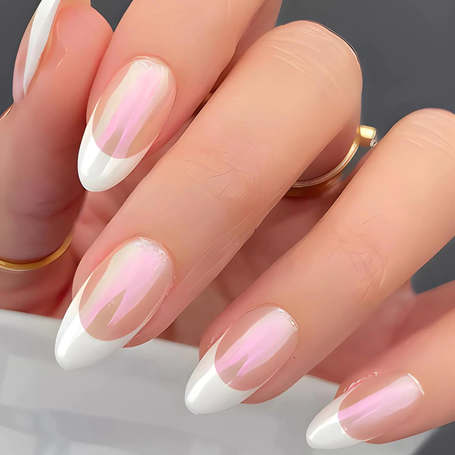SINSEN Almond French Tip Press on Nails Medium Fake Nails White French Tip Glue on Nails Cute False Nail Tips Glossy Acrylic Nails Press ons Medium Almond French Stick on Nails for Women and Girls